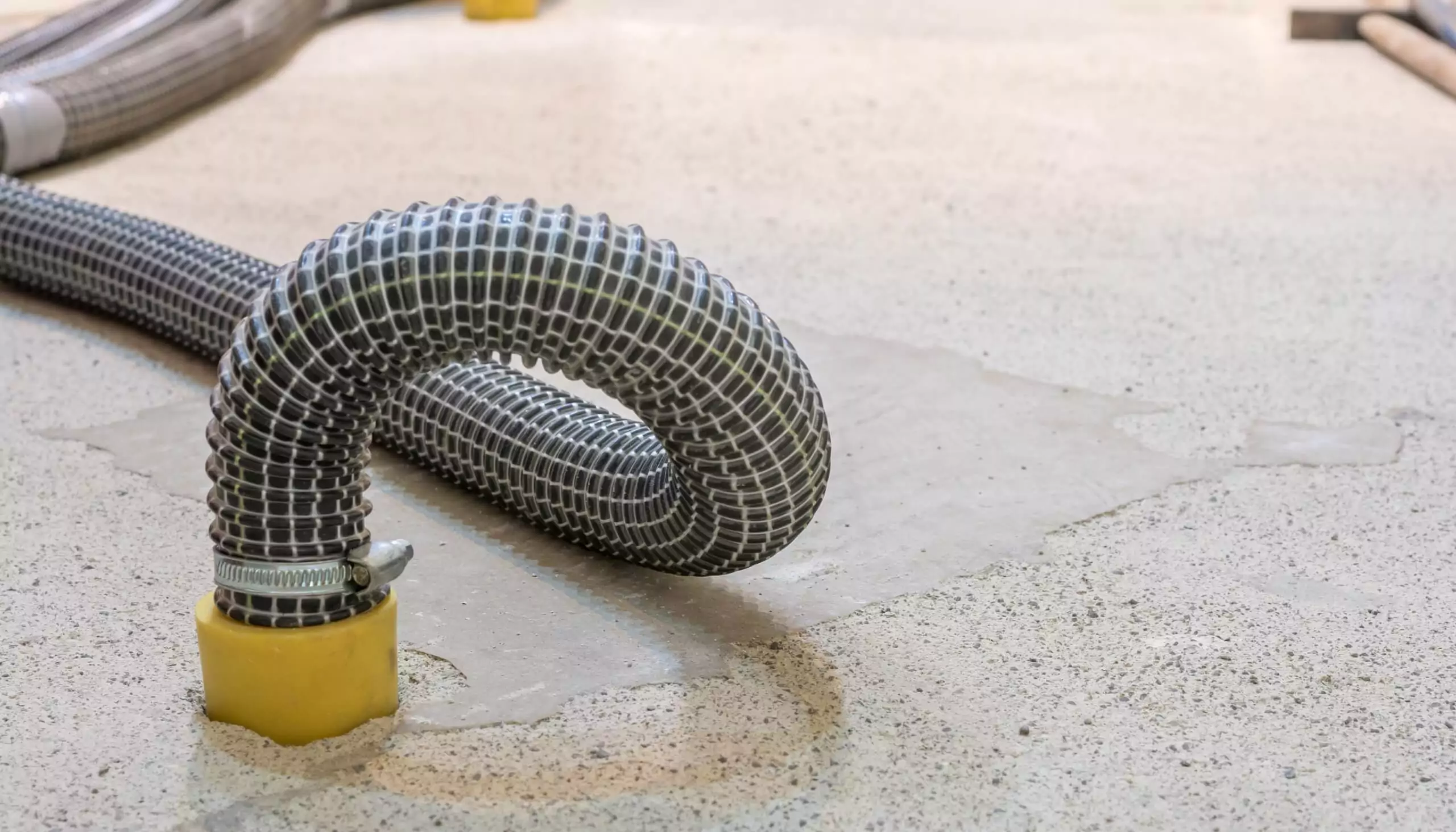 Blick von einem hohen Balkon mit weißem Geländer auf üppige grüne Bäume und einen darunterliegenden Kopfsteinpflasterweg. Auf dem Balkon sind Gartenmöbel zu sehen.