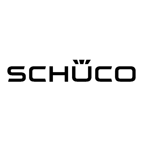 Schüco-Logo mit dem Markennamen in fetten, schwarzen Buchstaben mit einem stilisierten diakritischen Zeichen über dem „U“.